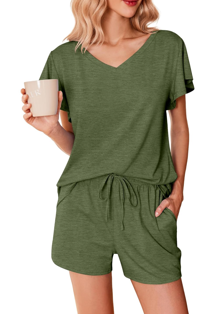 Ekouaer Women's Pajamas Set Ruffle Sleeves Sleepwear V Neck Comfy 2 Piece Pjs Loungewear Set with Pockets, Medium