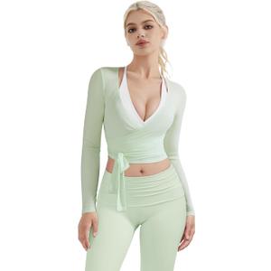 SUUKSESS Women Pilates Wrap Workout Cropped Top Ribbed Long Sleeve V Neck Tie Front Ballet Yoga Shrug Blouse (Medium)