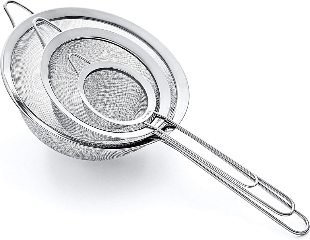 Strainer Set Fine Mesh – Premium 304 Stainless Steel (18/8) – 8″, 5.5″ and 3.3″ Sturdy Kitchen Strainers (Silver)