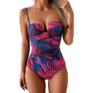 Eomenie Women's Push Up Wrap Front Swimsuit One Piece Tummy Control Bathing Suits Bandeau Support Slimming Swimwear
