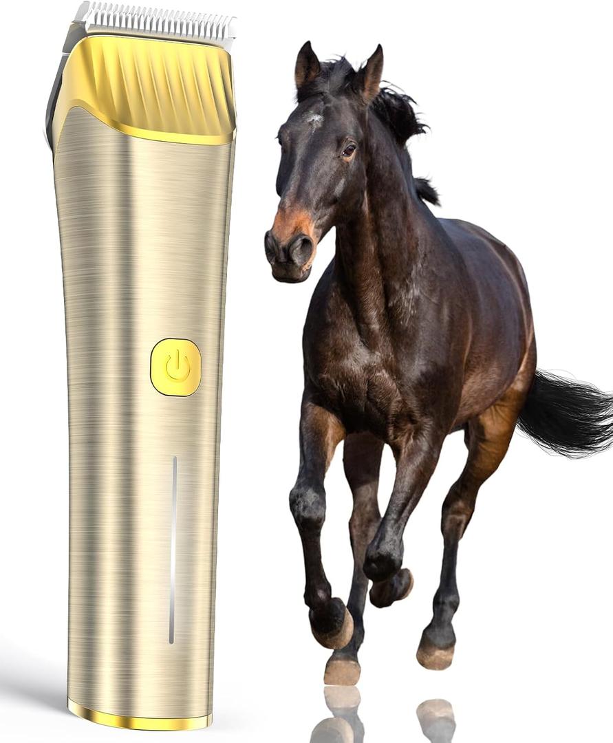 oneisall Cordless Horse Clippers,Low Noise 2 Speed Grooming Clippers,Horse Trimmer Shaver Kit for Matted Long Hair,Detachable Stainless Steel Blade Grooming Kit for Thick Coat (11 Piece Set, Gold)