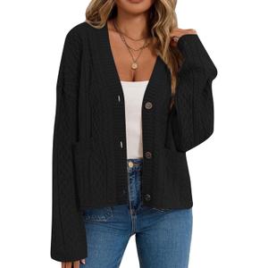 GREAIDEA Women's Fall Chunky Knit Open Front Sweaters Long Sleeve Button Cardigan 2025 Loose Short Outerwear Coats (Black, L)