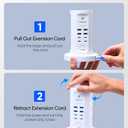 Power Strip Tower, Kakyanill Surge Protector Tower 9 AC Outlets 8 USB (4 USB C), 6 Ft Retractable Extension Cord, Charging Station for Office Dorm Room, White