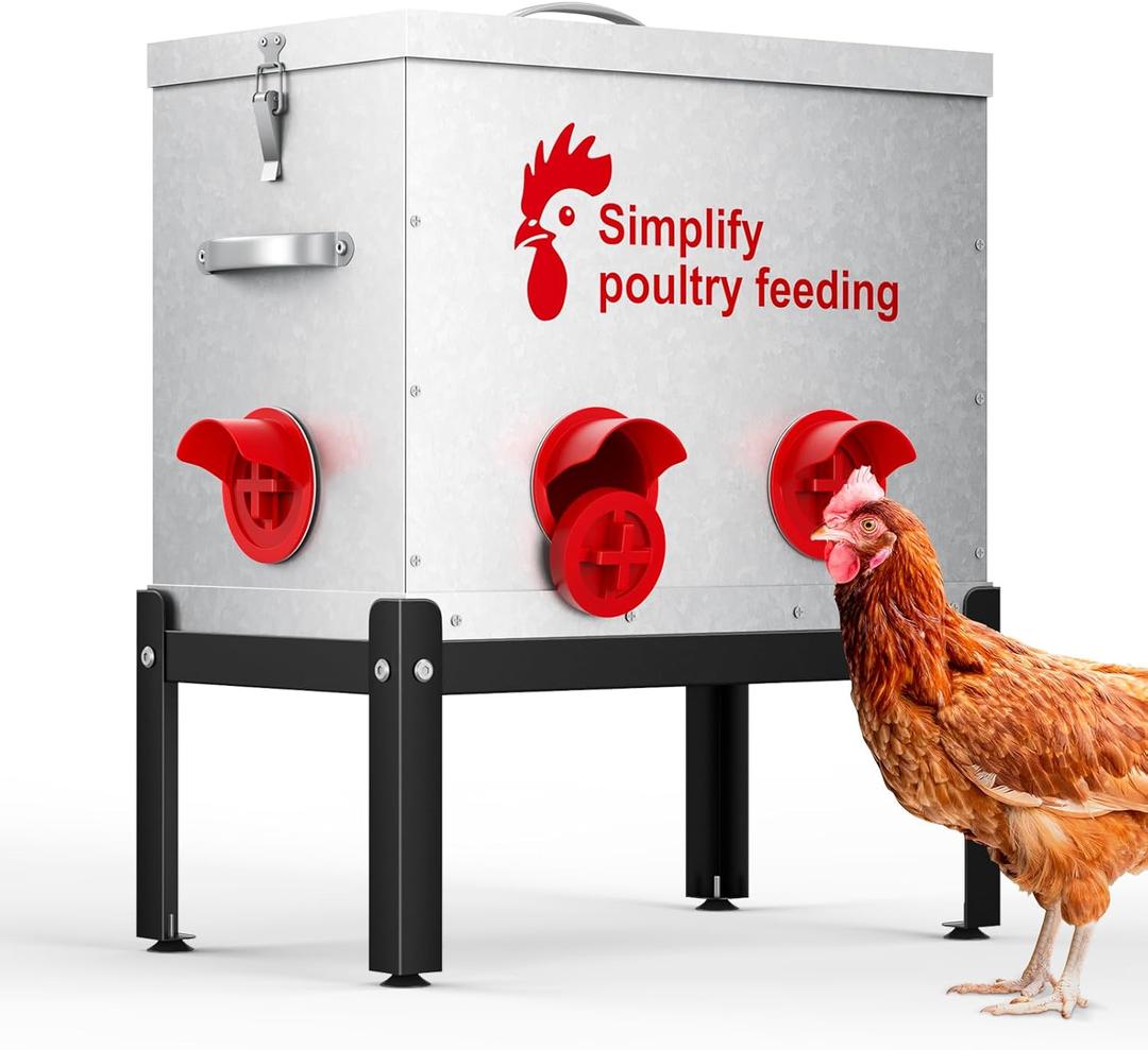 40LBS Large Chicken Feeder Automatic Chicken, 6 Feeding Ports Chicken Feeder Port, Anti-Waste & Rat Proof Chicken Feeder Design, Adjustable Stand for Chicken Coop Accessories & Poultry
