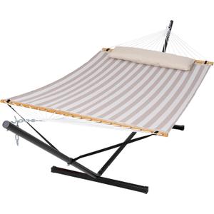 SUNCREAT Double Hammock with Stand Included, Outdoor Portable Hammock with Stand, Light Gray Stripes