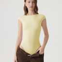 SUUKSESS Women Backless Y2k Short Sleeve Bodysuit Double Lined Boat Neck Open Back Sexy Basic Top (Pale Yellow, M)