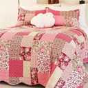 Cmfshape Summer Floral Oversize King Bedspread,Romantic Pink Quilt Set King,Reversible Stitched Bedding Set All Season,Soft Lightweight Coverlet with Pillow Cases (Hot Pink&Rose, Super King114 x102)