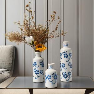 JHDACEDECO Blue and White Floral Ceramic Vase Set, 3 Pieces Small Flower vase for Home Decoration, Modern Farmhouse Decoration, Living Room, Table Shelf