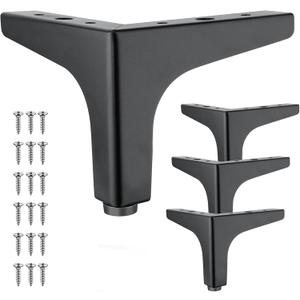 4 Pcs 4 Inch Metal Furniture Legs, Modern Style Furniture Sofa Legs Metal Matte Black Triangle Feet for Table Cupboard Sofa Couch Chair DIY Replacement Feet - with Rubber Floor Protectors