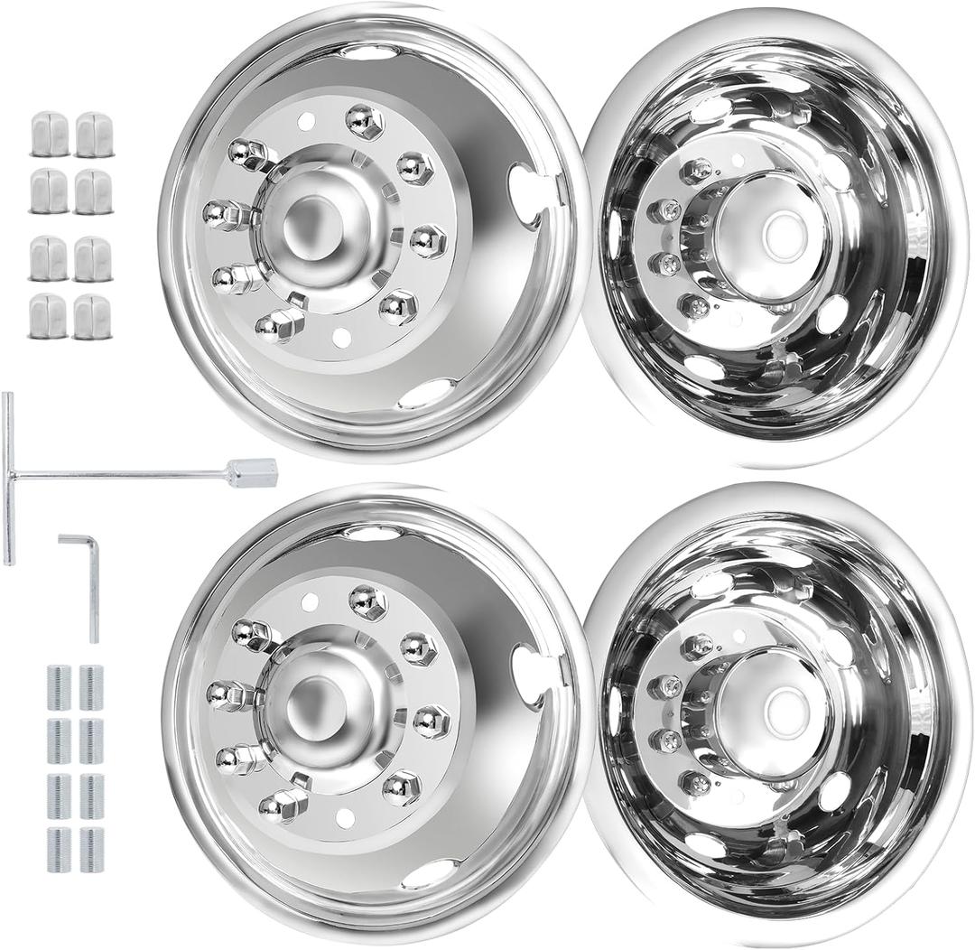 hightall 19.5 Wheel Simulators, 19.5" 10 Lug Stainless Steel Hubcaps,Polished Surface,2Pcs Front Wheel/2Pcs Rear Wheel,Bolts On Wheel Cover Set Compatible with Ford 2005-2024 F450/F550