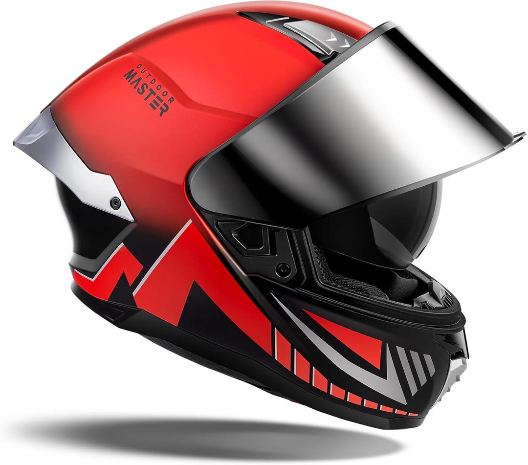 OutdoorMaster Full Face Dual Visor Adult Motorcycle Helmet for Motorbike Street Bike with Pinlock Ready DOT Approved (Large, Black Red)