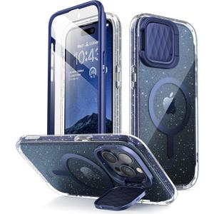 i-Blason Cosmo Magnetic for iPhone 15 Pro Max Case MagSafe with Camera Cover Stand, Slim Style Full-Body Phone Case for iPhone 15 Pro Max with Built-in Screen Protector & Kickstand (Blue Glitter)
