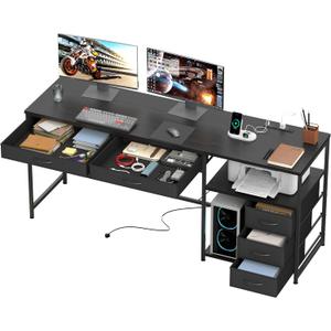 YOSHOOT 60" Computer Desk with 5 Fabric Drawers - Gaming Desk with Storage and Power Outlets, Home Office Desk for Adults and Teenagers Working Writing Study, Black (18.9"D x 59.06"W x 30.71"H)