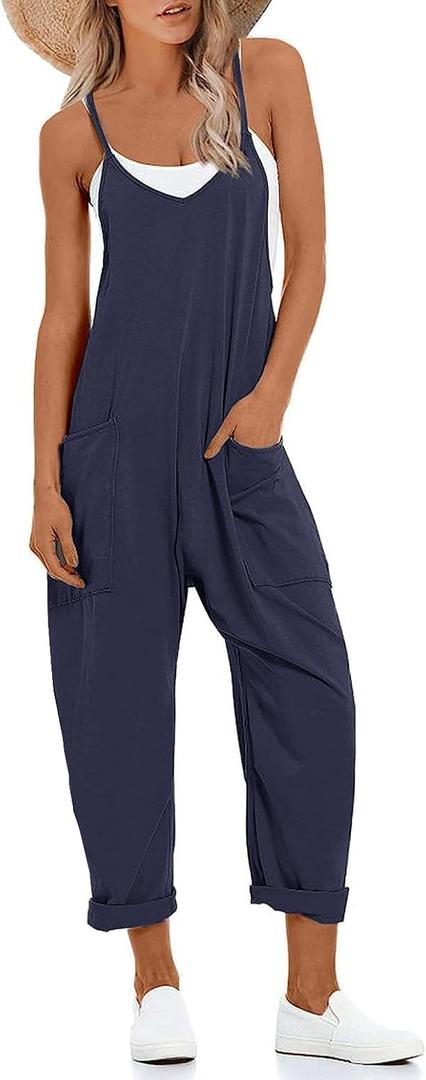 Muchpow Women's V Neck Sleeveless Jumpsuits Spaghetti Straps Harem Long Pants Overalls With Pockets (Medium) Navy