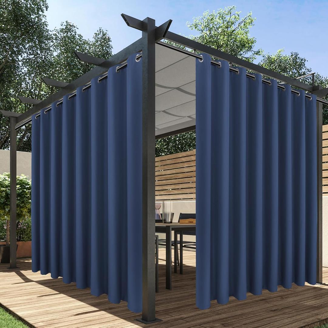 HolidayIdeas Extra Wide Outdoor Curtains for Patio Waterproof, 2 Panels - 110 x 84 Inch - Privacy & Light Filtering Curtains Grommet Outside Curtains for Porch, Gazebo, Pergola, Backyard (Navy)