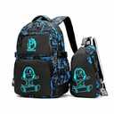 Skateboard Anime Luminous Backpack School Backpack with USB Charging Port for Teen Boys, College School Bookbag Lightweight Laptop Bag with Sling Bag Set, Blue