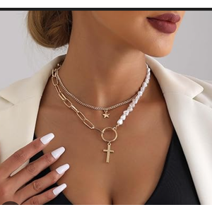 Sttiafay Boho Layered Pearl Cross Necklace Paperclip Cross Pendant Necklace Gold Star Choker Necklace Chain Baroque Pearl Bead Necklace Jewelry for Women
