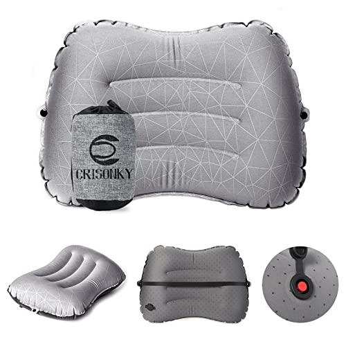 Crisonky Camping Pillow - Inflatable Pillow - Travel Pillows for Backpacking & Airplane, Lumbar Support 2.0 Blow Up Pillow, Ultralight Compressible, Comfortable, Ergonomic Pillows (Light Grey)