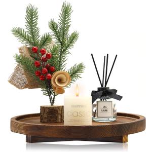 Round Decorative Wooden Tray for Bathroom Sink Kitchen Counter Decor Trays Small Wood Riser Pedestal Stand Dining Coffee Table Trays Vanity Spa Bathroom Accessories for Soap Dish Perfume Candle Tray (10 inch, Dark Brown)