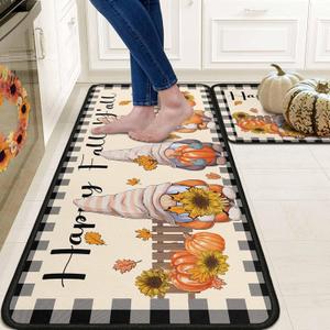 Buffalo Plaid Pumpkin Fall Kitchen Rugs Set of 2, Non Slip Absorbent Autumn Thanksgiving Kitchen Mats Pumpkin Gnomes Kitchen Rugs and Mats Sets 17"x47"+17"x30"
