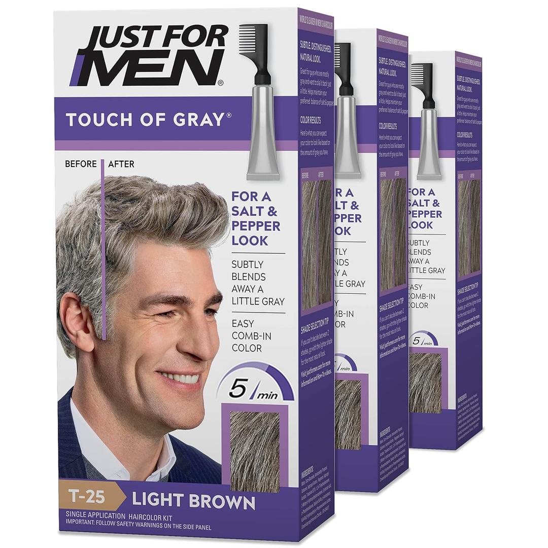Just For Men Touch of Gray, Mens Hair Color Kit with Comb Applicator for Easy Application, Great for a Salt and Pepper Look - Light Brown, T-25, Pack of 1