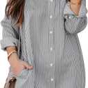 Aoudery Womens Button Down Shirt Dresses with Pockets Striped Cotton Shirts Collared Long Sleeve High Low Blouse Tops (Gray, L)