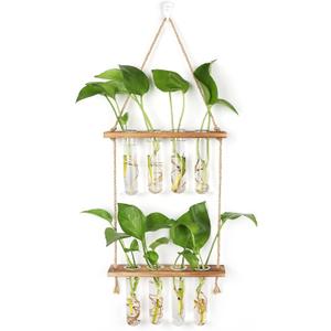 Wall Hanging Planter Terrarium 2 Tired Test Tube Vase Glass Planter Plant Propagation Station Plant Hangers of Rope with Wooden Stand and 8 Tubes for Hydroponic Plant Cutting