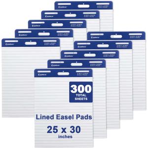 Comix Lined Sticky Easel Pad, 25 x 30 Inches Flip Chart Paper for Teachers, Large Self Stick Easel Paper, 30 Sheets/Pad, 10 Pads/Pack