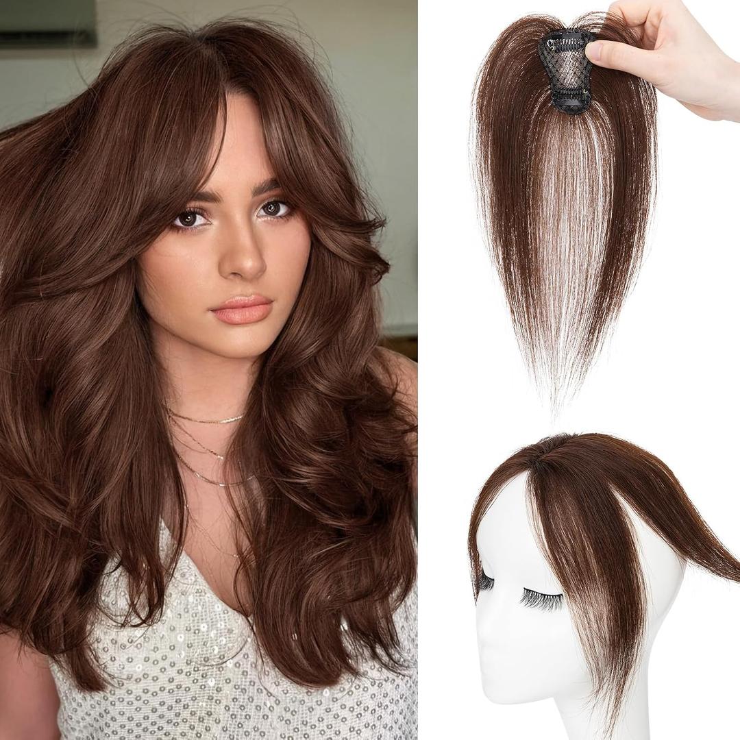 S-noilite Bangs Hair Clip,360 3D Cover Real Clip in Bangs Human Hair Toppers for Women With Side Bang Daily Wear (Dark Brown)