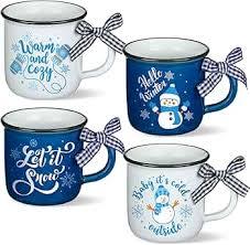 Lallisa 4 Pcs Winter Christmas Coffee Mugs with Ribbon Ceramic Mug Gift Hot Cocoa Mini Coffee Cups Holiday Mugs Tiered Tray Decoration with Handle for Kitchen Farmhouse Home Housewarming Centerpieces