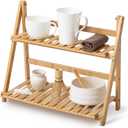 Matcha Station Shelf,15.7'' Coffee Station Organizer, 2 Tiers Bamboo Mug Holder Countertop,Desktop Flower Pot Rack for Home Living Room Window Sill Foldable Display Storage Shelf(Wood)