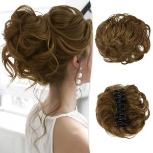 RUWISS Claw Clip Messy Bun Hair Piece Real Human Hair Buns Wavy Curly Chignon Hair Bun Extensions Tousled Updo Claw Clip Ponytail Hairpieces (Light Brown)