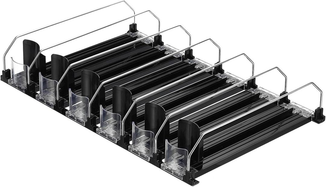 Uxcell 6pcs Soda Can Organizer for Refrigerator, Self-Pushing Drink Organizer for Fridge, Width Adjustable Drink Dispenser Beverage Pusher For Pantry Vending Machine, Black