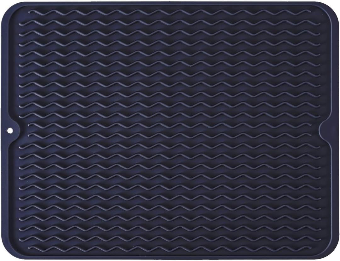 Silicone Dish Drying Mat, Non-Slip Easy Clean Sink Mat, Dark Blue, 24"x18" | Quick-Dry Ridges, Large Heat-resistant Dish Drainer Mat for Kitchen Counter, Hangable & Roll-Up for Storage, Dishwasher Safe