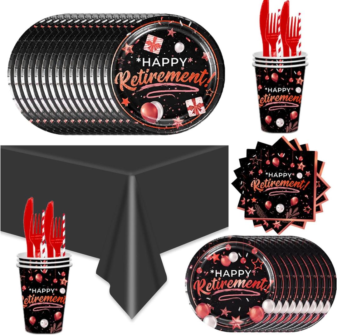 141Pcs Happy Retirement Party Decorations for 20 Guests - Rose Gold and Black Retirement Party Plates and Napkins Forks Cups Cutlery for Men Women Say Goodbye Supplies