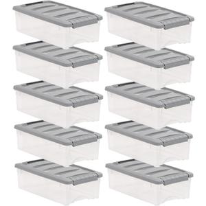 Amazon Basics Plastic Storage Containers with Secure Latching Lids, Stackable Organization Bins for Organizing, Clear/Grey, 5 Quart, Set of 10
