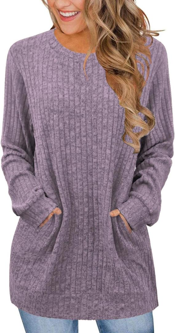 JomeDesign Sweaters for Women Dressy Casual Long Sleeve Shirts Crewneck Fall Outfits with Pocket Tunic Tops (Small, Light Purple)