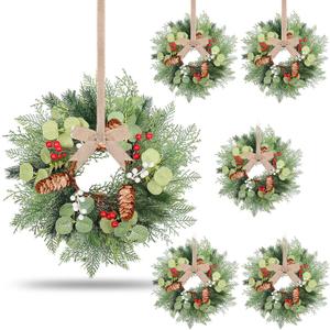 6 PCS Christmas Mini Cabinet Wreath for Kitchen with Ribbon Artificial Eucalyptus Cedar Hanging Garland with Red Berries Pine Cones for Swag Table Centerpiece Door Window Chair Wall Winter Decor