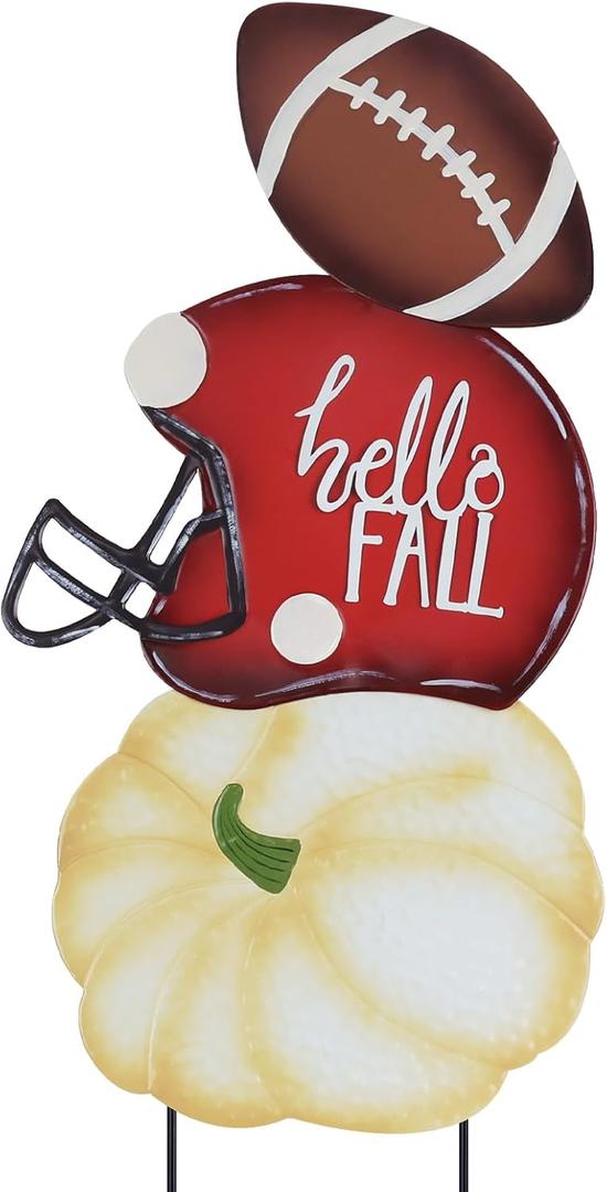 hogardeck Fall Decorations for Home Outdoor, 32" Decorative Garden Stakes with 3 Stacked Pumpkin Football Helmet for Fall Decor, Metal Yard Signs for Garden Home Lawn Patio Thanksgiving Decorations (Rbw)