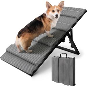 RAYKI Dog Ramp for Bed & Couch, Foldable Pet Ramp with 5 Adjustable Height Levels, Non-Slip Striped Fabric,Portable Indoor Dog Ramp for Small Dogs & Puppies, Fits 13"-18" Furniture