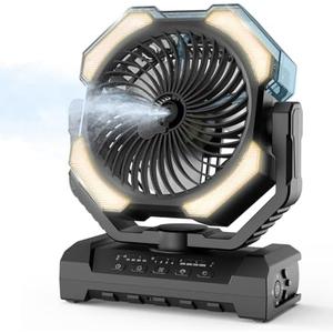Camping Misting Fan - 30000mAh Portable Battery Powered Fans with 9oz Water Tank, Light, Hook - Rechargeable, 120H Cooling, Last 5H Mist, 4 Speed, Sleep Mode - Outdoor Fan for Travel, Patios, Fishing