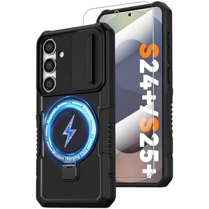 Magnetic Case for Samsung Galaxy S25+ Plus/Galaxy S24+ Plus, with Ring Stand [Screen Protector] [Compatible with MagSafe] Military Grade Case with Camera Cover, Heavy Duty Shockproof Cover, Black