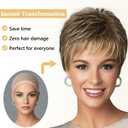 SEVENCOLORS Short Dark Brown Mixed Blonde Pixie Cut Wigs for Women Synthetic Layered Highlight Wigs with Bangs Natural Hair Replacement Wig