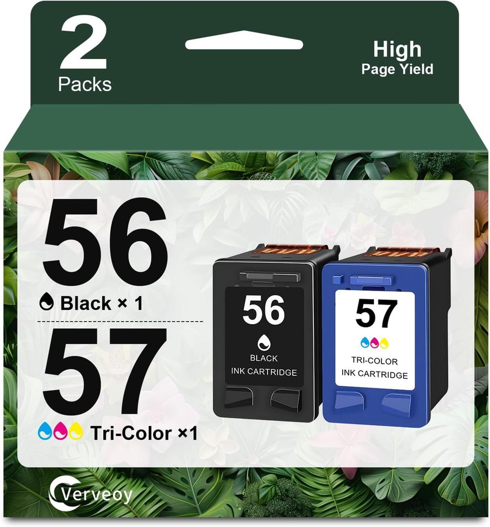 56/57 Ink Cartridges Combo Pack Replacement for Ink 56 C6656AN & 57 C6657AN 2PK Ink Compatible for HP Deskjet 5550 5650 5150 Photosmart 7350 7260 7450 7550 PSC 2210 Printer Ink (1 Black 1 Tri-Color)