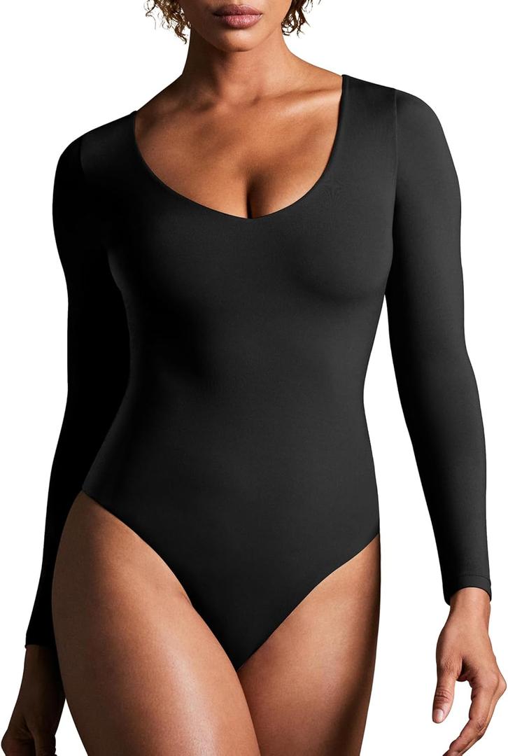 IUGA Long Sleeve Body Suits for Womens Tummy Control Shapewear Bodysuits for Women V Neck Bodysuit (Medium, Black)