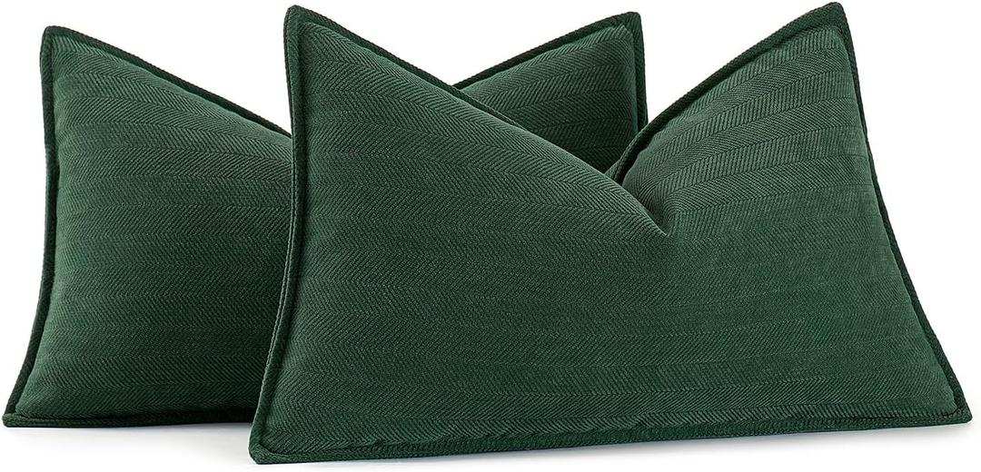MIULEE Pack of 2 Green Decorative Lumbar Pillow Covers 12x20 Inch Soft Chenille Luxurious Couch Throw Pillows Farmhouse Cushion Covers with Elegant Design for Sofa Bedroom Living Room Home Decor