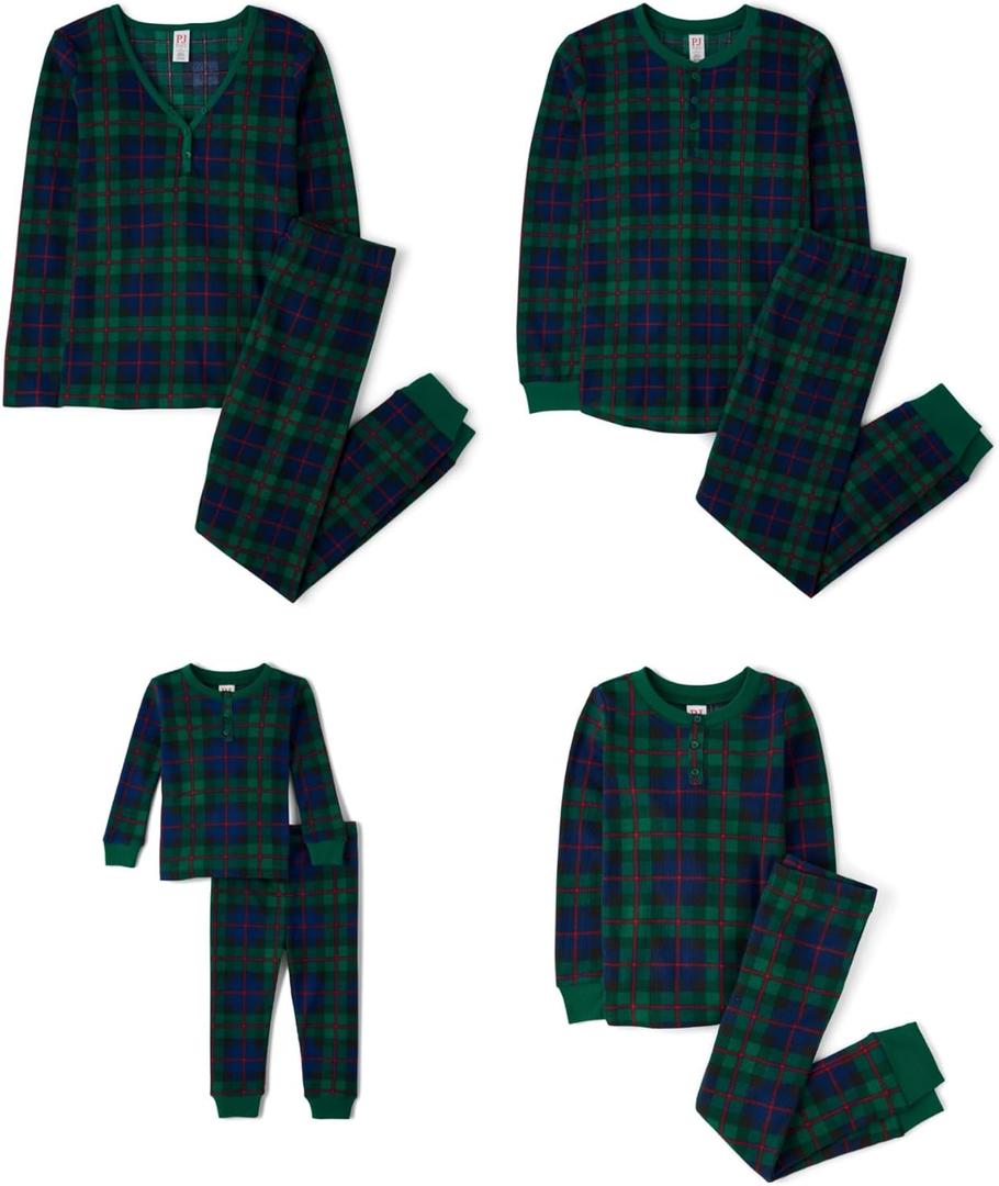 The Children's Place Family Matching, Plaid Waffle 2 Piece Pajama Sets (14, Green Tartan)