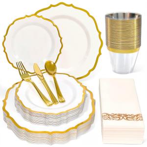 175 Plastic Dinnerware Set Gold Disposable Dinnerware Set for 25 Guests Include 50 Plastic Plates 25 Silverware Set 25 Cups and 25 Napkins for Mother's Day Party Wedding Birthday