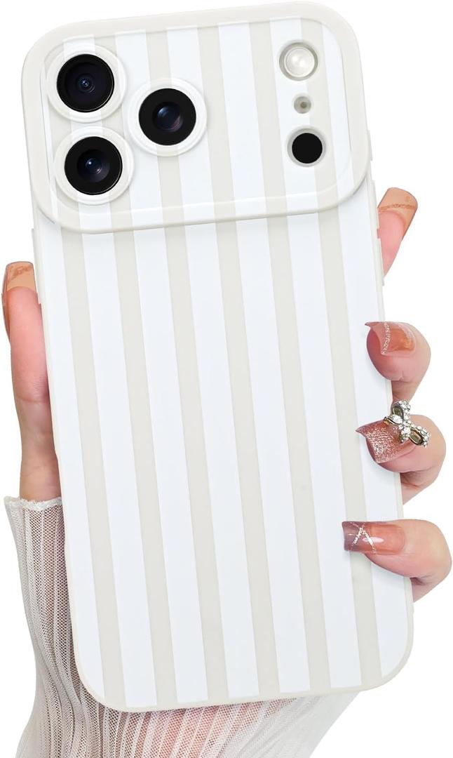 KANGHAR Compatible with iPhone 17 Pro Max Case 2025, Silicone Stripes Cute Pattern, Camera Protection Soft Slim Phone Cover for Girls Women -White