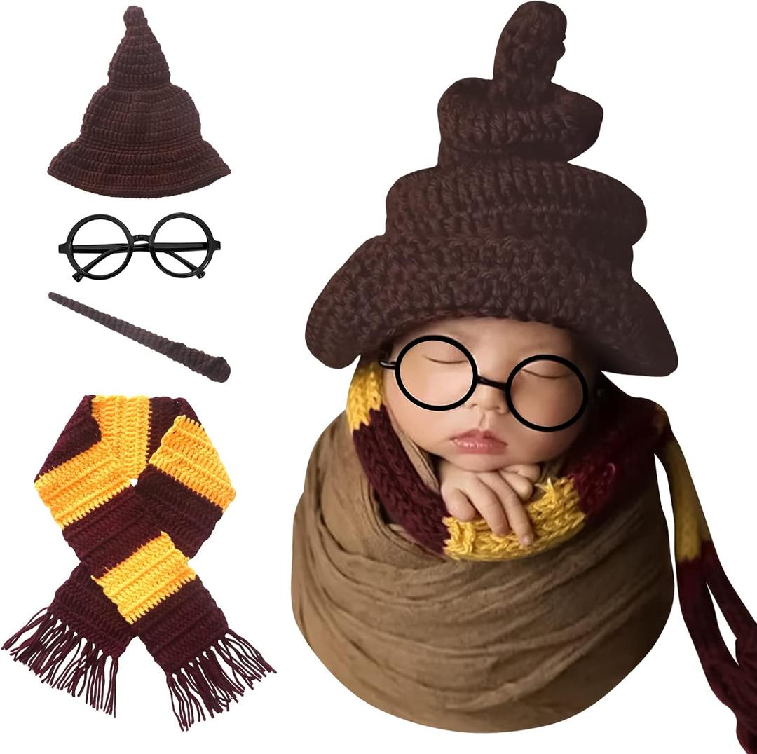 Newborn Photography Props Halloween Wizard Witch Hat Scarf Wand Glasses Frame 4 PCS Set Crochet Baby Photo Prop Halloween Baby Photoshoot Props Halloween Magic Party Cosplay Set